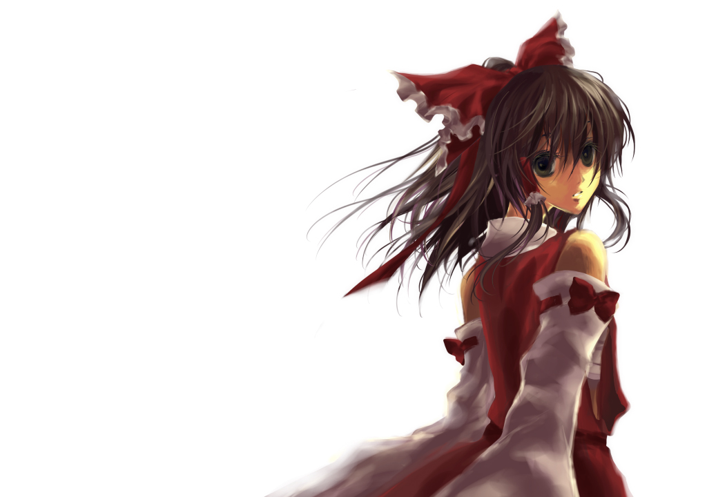 honokan, hakurei reimu, touhou, 1girl, brown eyes, brown hair, detached sleeves, dress, female focus, hair ribbon, hair tubes, long sleeves, looking at viewer, red dress, red ribbon, ribbon, sidelocks, simple background, solo, white background
