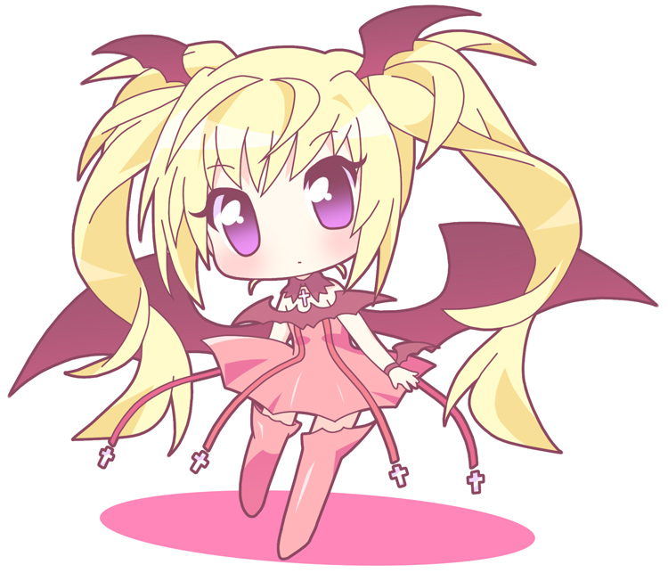 mirai (sugar), hoshina utau, lunatic charm, shugo chara!, bare shoulders, bat wings, blonde hair, chibi, cross, head wings, latin cross, long hair, purple eyes, solo, thighhighs, very long hair, wings