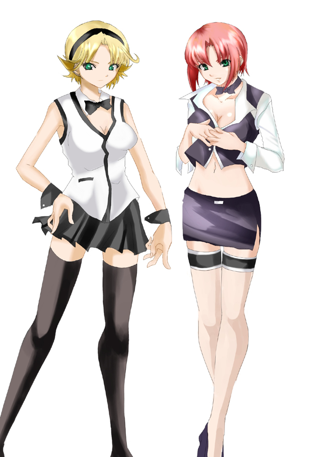 riochan, rina tachibana, rio rollins, super blackjack, bad id, bad pixiv id, 2girls, blonde hair, croupier, green eyes, hairband, miniskirt, multiple girls, pencil skirt, red hair, short hair, skirt, thighhighs