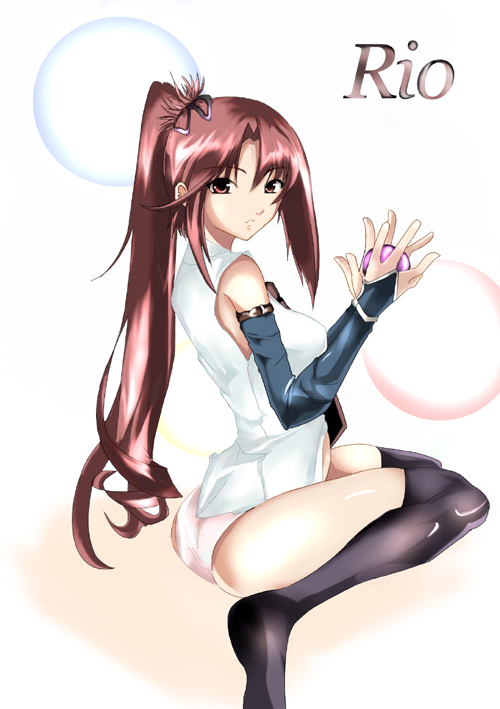 riochan, original, panties, ponytail, red eyes, red hair, solo, thighhighs, underwear