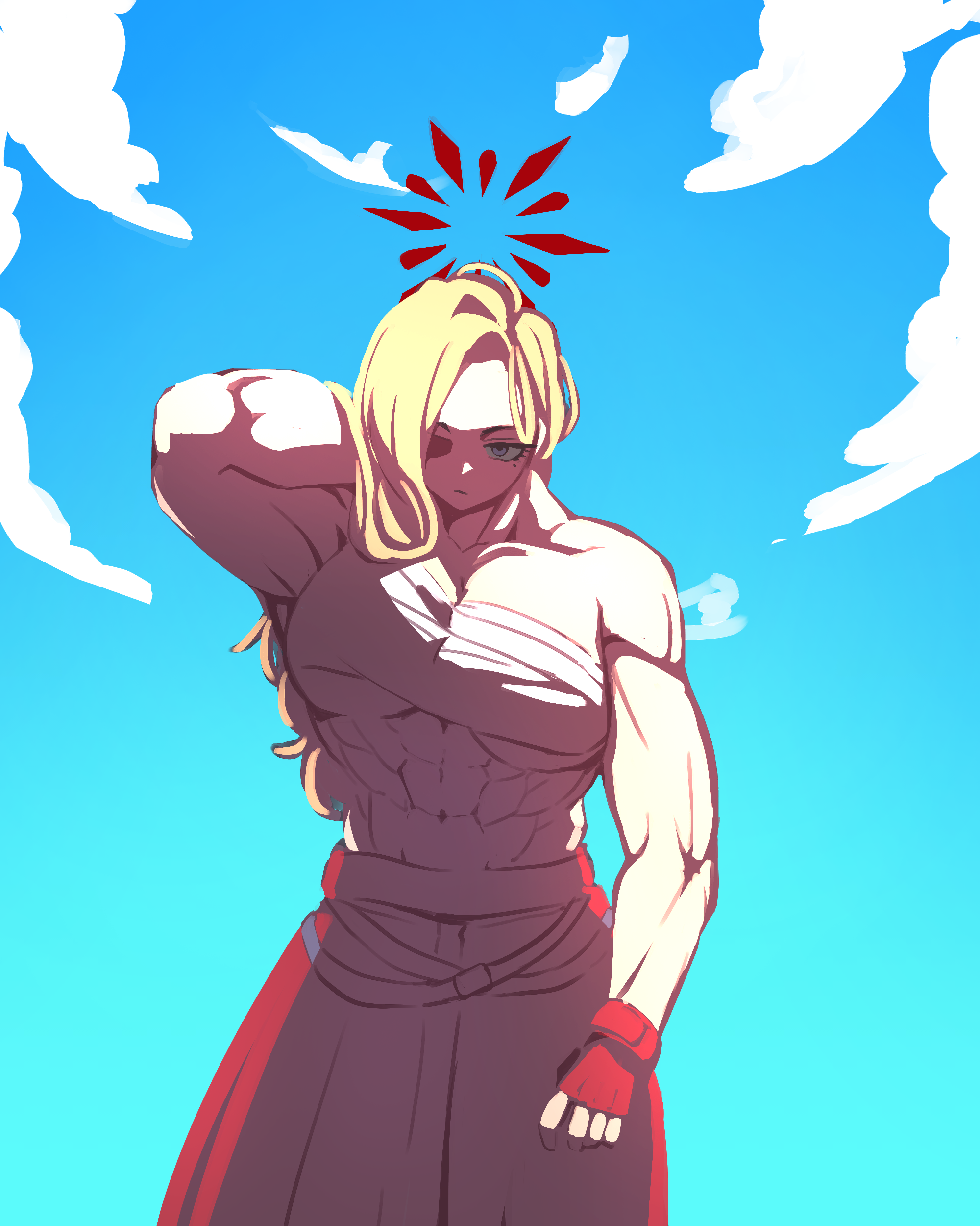 neophyte, akemi (blue archive), blue archive, absurdres, highres, 1girl, abs, bare shoulders, blonde hair, breasts, cleavage, fingerless gloves, forehead, gloves, green eyes, halo, large breasts, long hair, muscular, muscular female, navel, red gloves, red halo, red skirt, sarashi, shaded face, skirt, solo