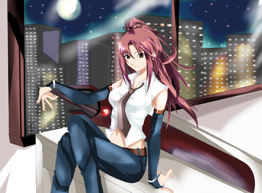 riochan, original, detached sleeves, midriff, necktie, red eyes, red hair, solo, sword, weapon