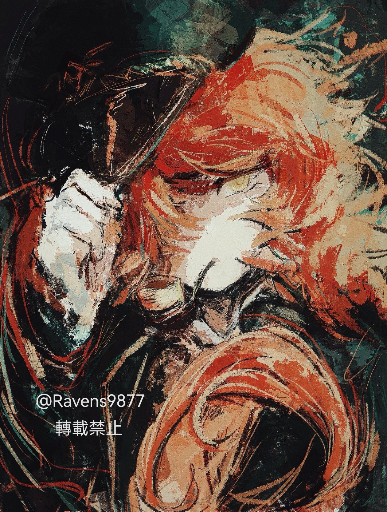 ishmael (project moon), limbus company, project moon, highres, 1girl, coat, collared shirt, dark background, facing viewer, gloves, green background, green coat, hair over one eye, hand on headwear, hat, long hair, looking at viewer, military hat, military uniform, mouth hold, one eye covered, orange hair, pequod (identity) (project moon), ravens9877, shirt, smoking, smoking pipe, solo, twitter username, upper body, white gloves, white shirt, yellow eyes