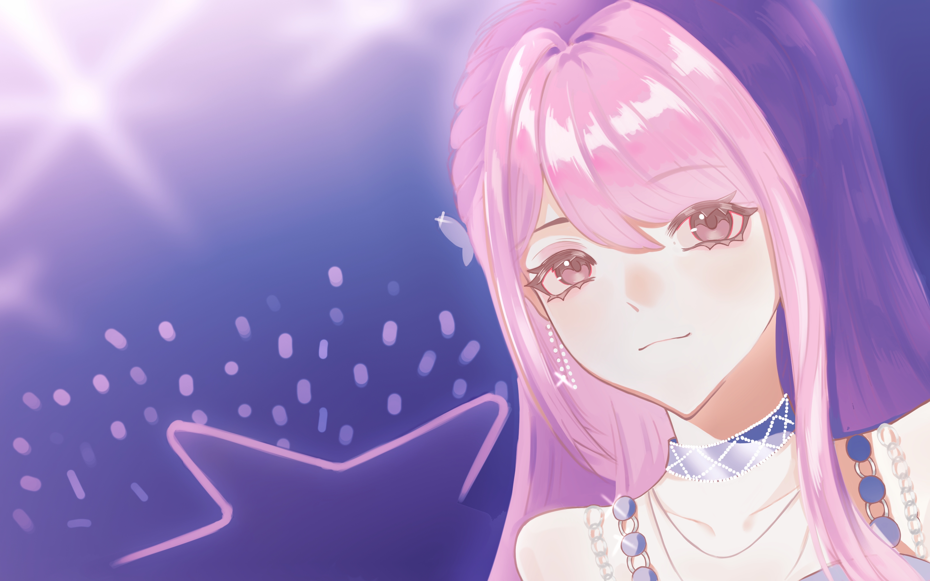nikki (nikki), nikki (series), shining nikki, absurdres, highres, 1girl, argyle choker, audience, bare shoulders, beads, bloom up (shining nikki), blue choker, braid, brown eyes, butterfly hair ornament, choker, closed mouth, earrings, eyelashes, gusangyin, hair intakes, hair ornament, happy, idol, jewelry, light blush, light rays, long hair, looking at viewer, pink hair, shirt, side braid, single braid, single sidelock, sleeveless, sleeveless shirt, smile, solo, stage lights, star (symbol), upper body, white shirt
