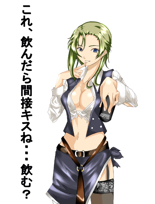 riochan, original, 1girl, blue eyes, breasts, cleavage, female focus, green hair, large breasts, midriff, solo, thighhighs