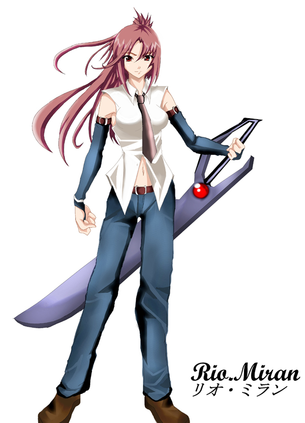 riochan, original, denim, detached sleeves, jeans, navel, necktie, pants, red eyes, red hair, solo, sword, weapon