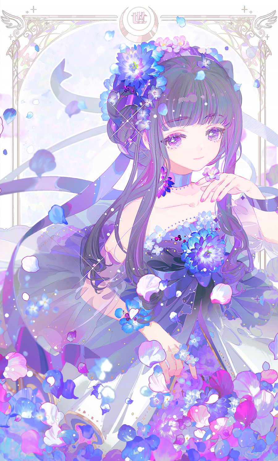 mian lang, daidouji tomoyo, cardcaptor sakura, highres, 1girl, choker, dress, flower, long hair, looking at viewer, purple dress, purple flower, purple nails, see-through clothes, smile, solo