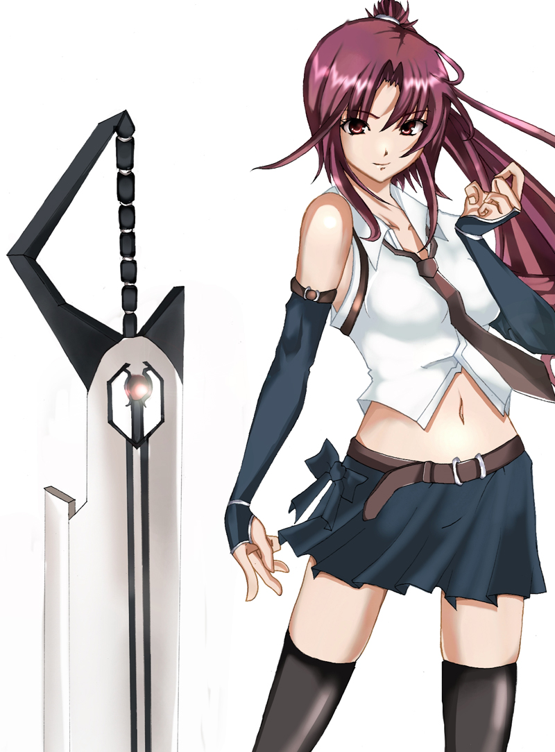 riochan, original, necktie, ponytail, red eyes, red hair, solo, sword, thighhighs, weapon