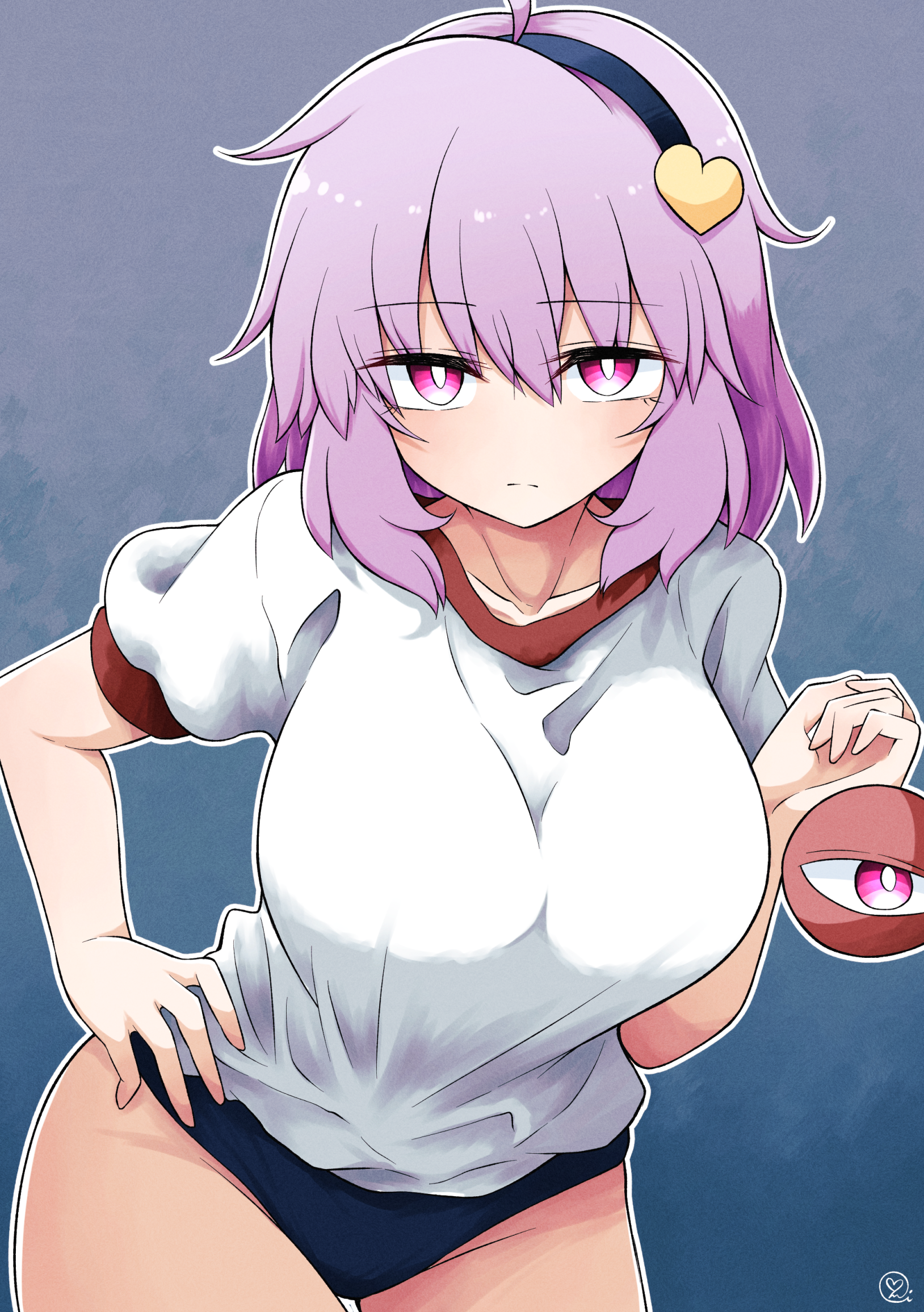 scavia10, komeiji satori, touhou, commentary request, highres, 1girl, ahoge, alternate costume, bare hips, black hairband, blue background, breasts, buruma, collarbone, cowboy shot, expressionless, gradient background, groin, gym uniform, hair between eyes, hair ornament, hairband, hand on own hip, hand up, heart, heart hair ornament, large breasts, leaning forward, long hair, looking at viewer, messy hair, outline, pink eyes, purple hair, shirt, shirt tucked in, short sleeves, signature, solo, thighs, third eye, white outline, white shirt