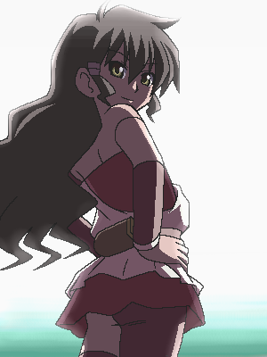 jasmine (deltora quest), deltora quest, uniform, lowres, 00s, 1girl, ass, bare shoulders, brown eyes, brown hair, cheerleader, female focus, from behind, looking at viewer, looking back, miniskirt, oekaki, red skirt, skirt, solo