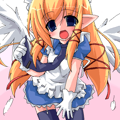 bad id, bad pixiv id, lowres, angel, blonde hair, necktie, oekaki, solo, thighhighs, wings