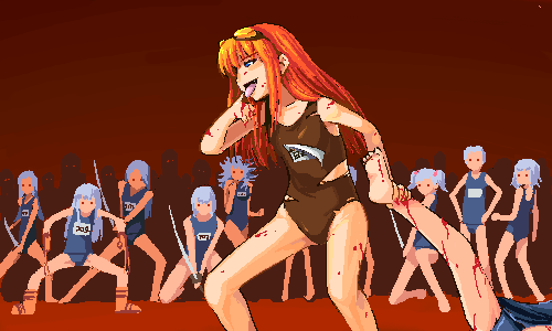 lowres, 6+girls, blood, brown one-piece swimsuit, multiple girls, name tag, oekaki, one-piece swimsuit, school swimsuit, swimsuit, torn clothes, torn swimsuit