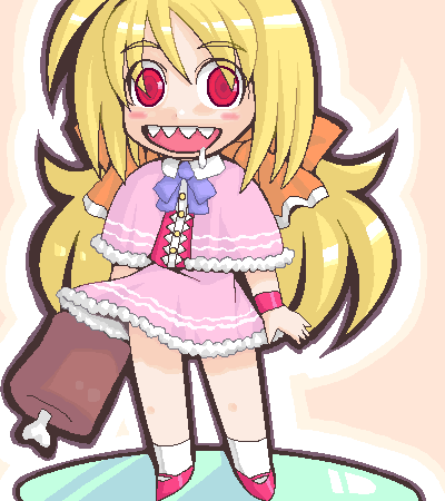lowres, blonde hair, boned meat, chibi, food, meat, oekaki, red eyes, solo, teeth