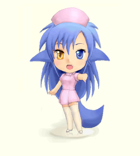yagisaka seto, follower (yagisaka seto), original, gender request, lowres, md5 mismatch, 1girl, animal ears, blue hair, chibi, female focus, genderswap, heterochromia, nurse, oekaki, solo, tail, thighhighs