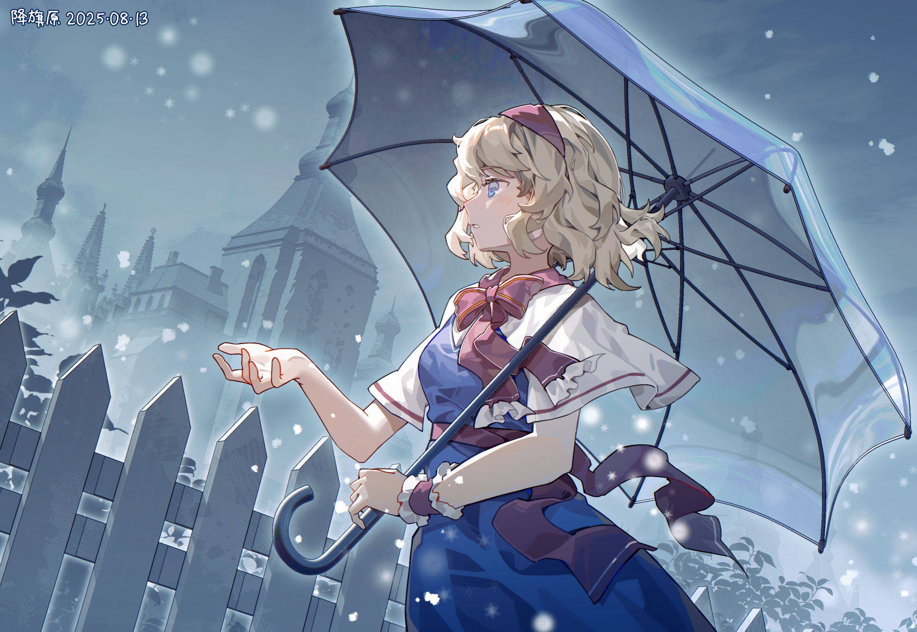 furahata gen, alice margatroid, touhou, highres, 1girl, artist name, blue dress, blue eyes, capelet, castle, dated, dress, hairband, holding, holding umbrella, outdoors, red hairband, short hair, snowing, solo, umbrella, white capelet, winter