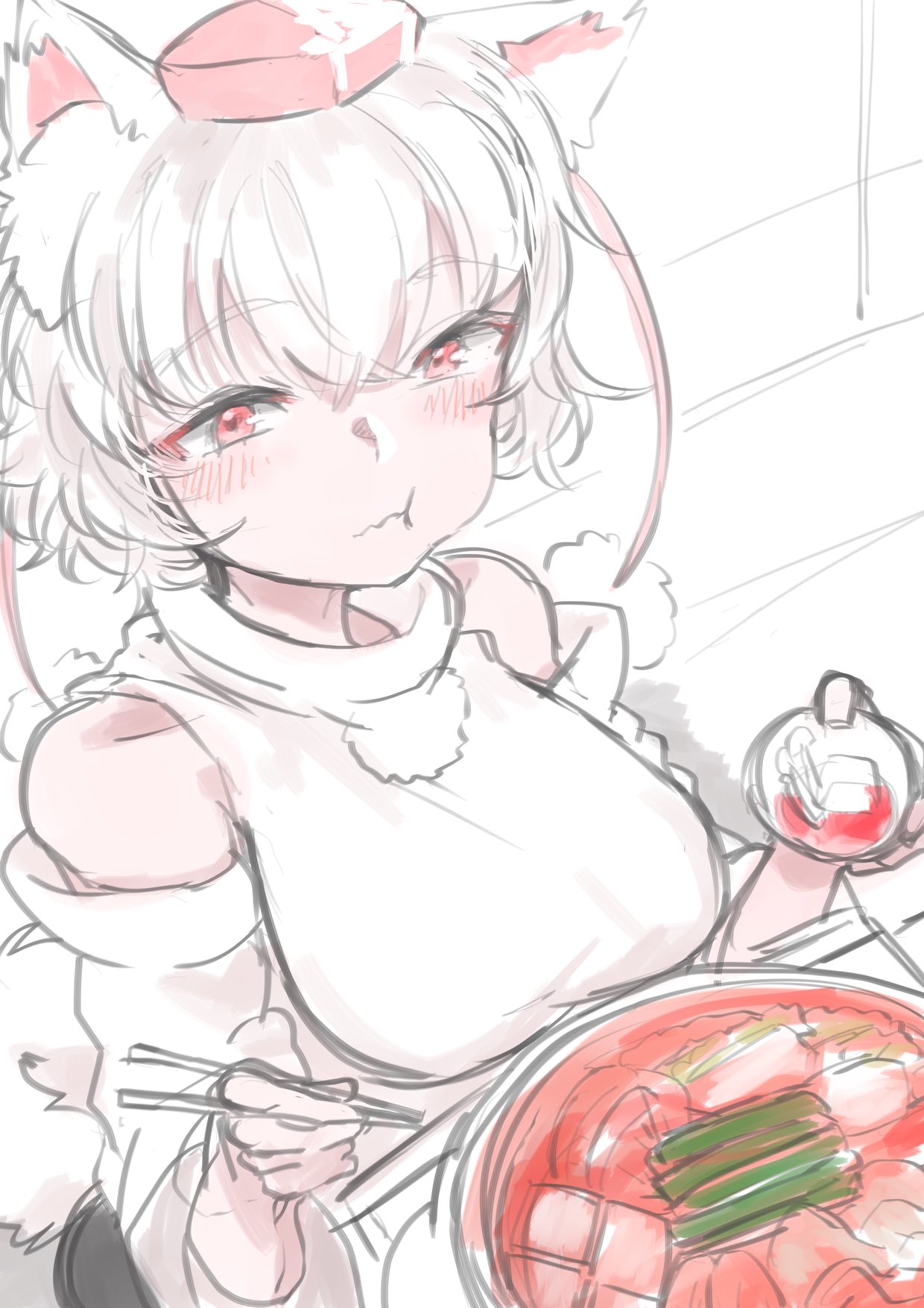 yoyoiro (sysi20), inubashiri momiji, touhou, commentary request, highres, 1girl, :s, animal ear fluff, animal ears, black skirt, bowl, breasts, chopsticks, closed mouth, detached sleeves, eating, food, food in mouth, from above, hat, holding, holding bowl, holding chopsticks, hotpot, kimchi, large breasts, long sleeves, messy hair, nabe, pom pom (clothes), puffy cheeks, red eyes, red hat, shirt, short hair, sitting, skirt, solo, soup, table, tail, tokin hat, white hair, white shirt, wide sleeves, wolf ears, wolf girl, wolf tail