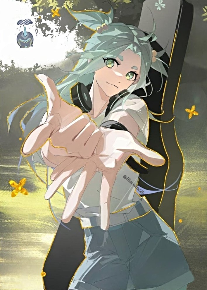 lucky cyan (to be hero x), to be hero, to be hero x, 1girl, aqua hair, clover, four-leaf clover print, green eyes, grimace, guitar case, headphones, headphones around neck, instrument case, lilacwine26, nature, solo