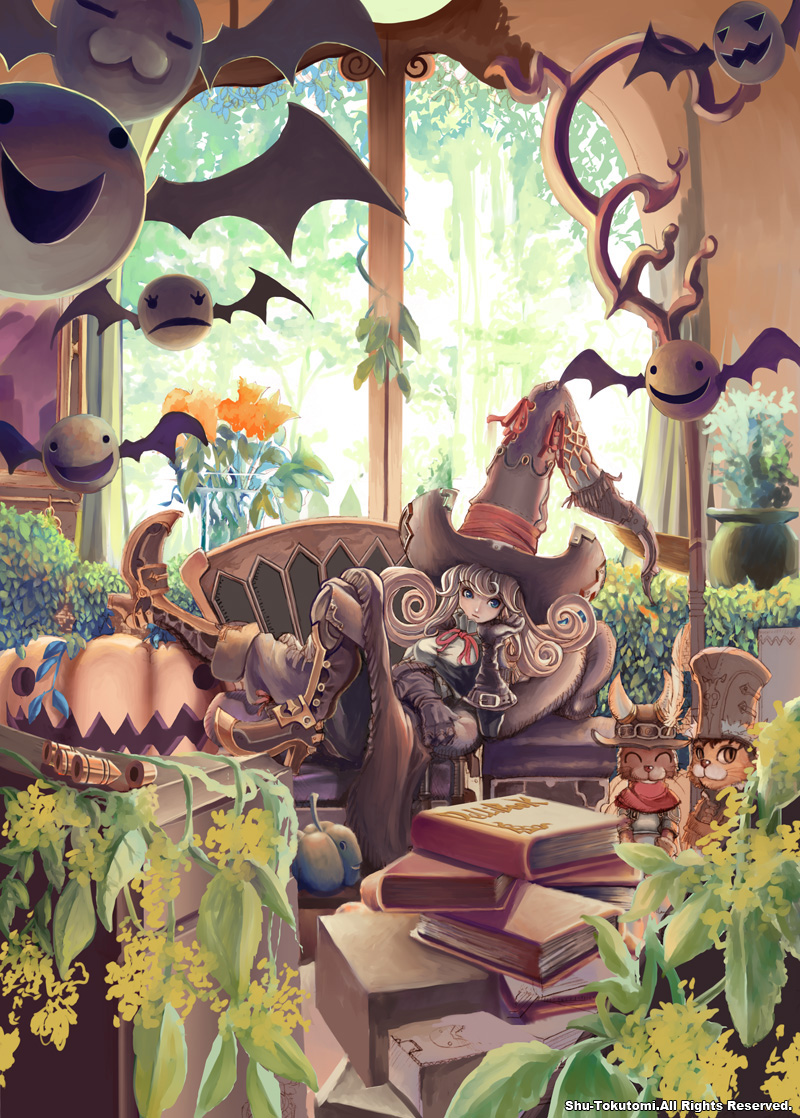 shu-tokutomi, flower request, 1girl, blonde hair, blue eyes, book, book stack, boots, cat, chaise longue, couch, fantasy, female focus, flower, gauntlets, hat, head rest, indoors, long hair, looking at viewer, neck ribbon, outstretched leg, pants, pumpkin, ribbon, solo, window, witch, witch hat