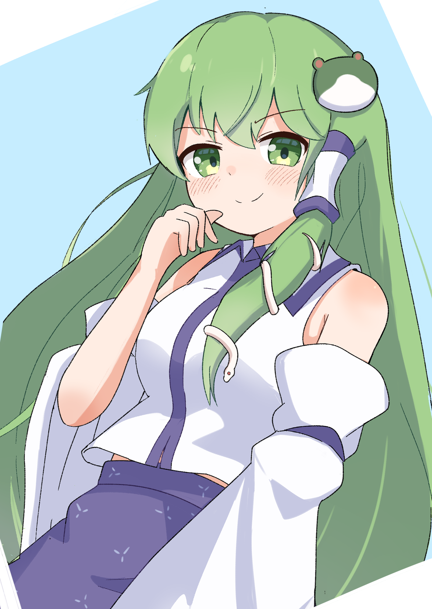 haya s2, kochiya sanae, touhou, highres, 1girl, armpit crease, bare shoulders, blue background, blue skirt, blush, breasts, collared shirt, detached sleeves, dot nose, double-parted bangs, frog hair ornament, green eyes, green hair, hair ornament, hair tubes, hand on own face, large breasts, long hair, long sleeves, looking at viewer, patterned clothing, print skirt, shirt, simple background, single hair tube, single sidelock, skirt, skirt set, sleeveless, sleeveless shirt, smirk, smug, snake hair ornament, solo, upper body, v-shaped eyebrows, wide sleeves
