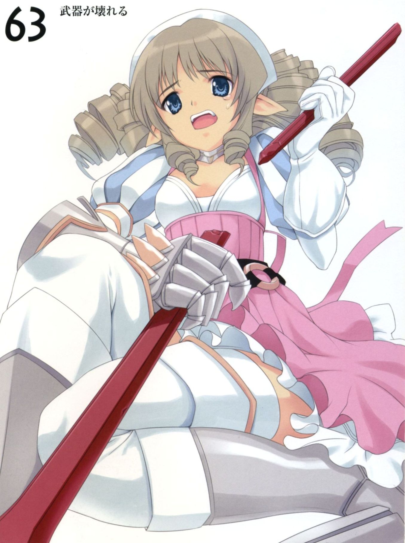 mibu natsuki, iron princess ymir, ymir (queen's blade), queen's blade, highres, 00s, 1girl, armor, armored dress, blue eyes, broken, broken weapon, brown hair, dress, drill hair, female focus, flat chest, frills, hairband, panties, pointy ears, solo, thighhighs, underwear, weapon