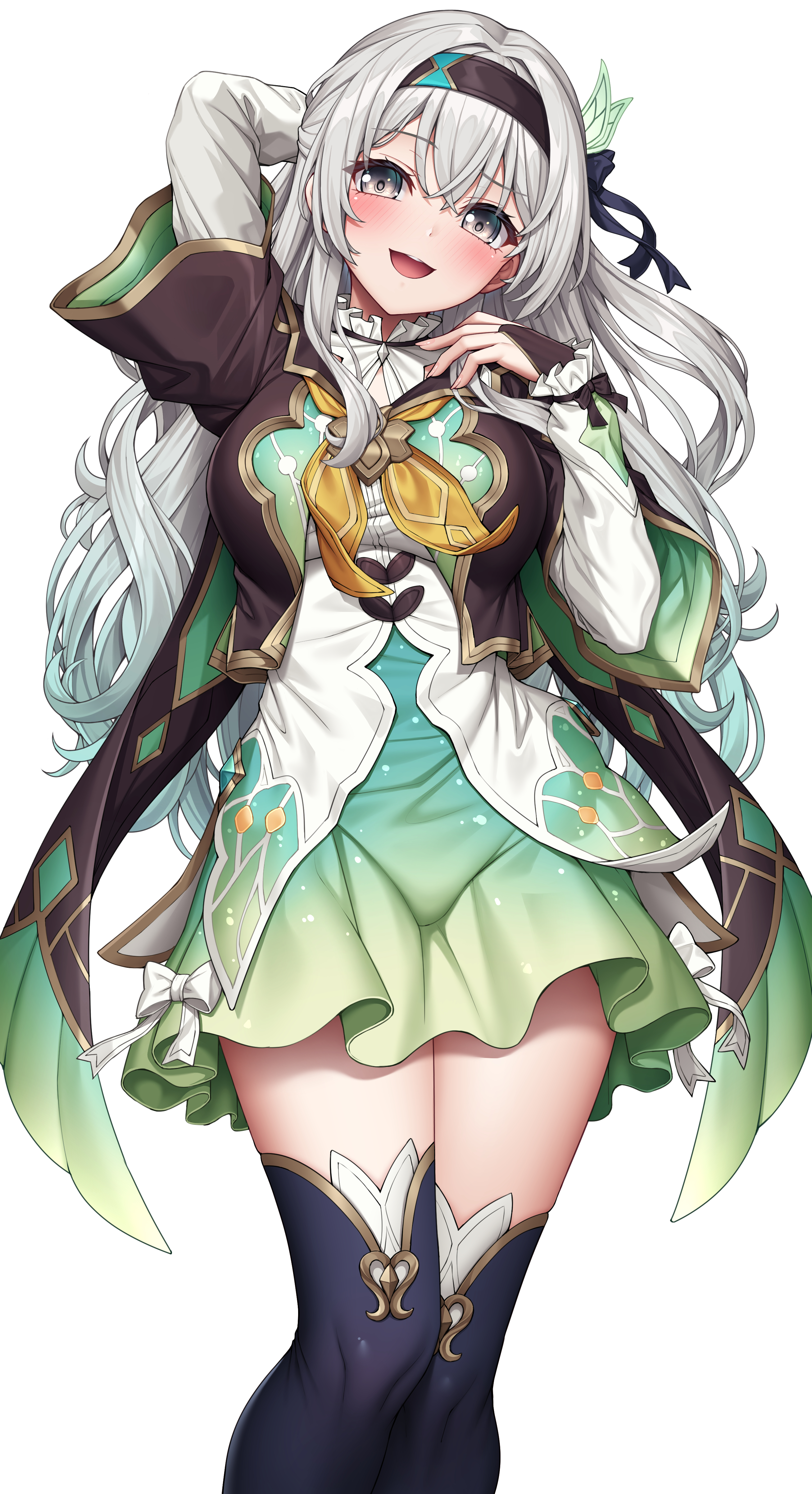 firefly (honkai: star rail), honkai: star rail, honkai (series), absurdres, highres, non-web source, 1girl, blush, breasts, grey hair, hair between eyes, hairband, long hair, multicolored eyes, smile, solo