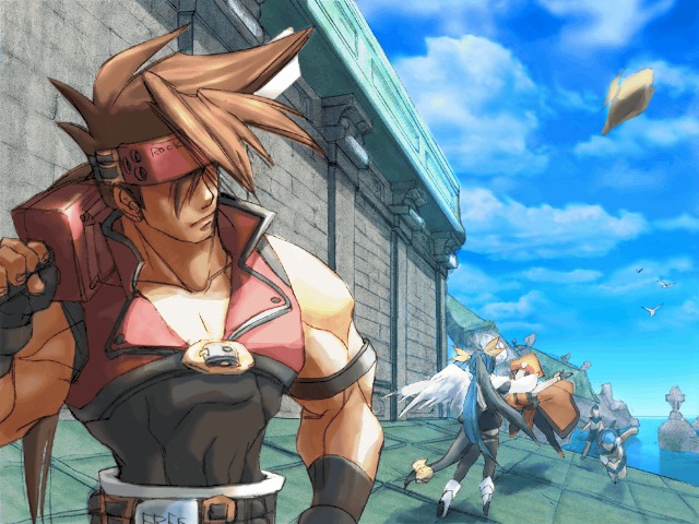 dizzy (guilty gear), may (guilty gear), sol badguy, arc system works, guilty gear, guilty gear xx, screencap, non-web source, official art, 1boy, 2girls, belt, blonde hair, blue hair, brown hair, buckle, day, forehead protector, hat, looking back, motion blur, multiple girls, muscular, orange hat, outdoors, red eyes, spiked hair, standing, sword, upper body, weapon, wings