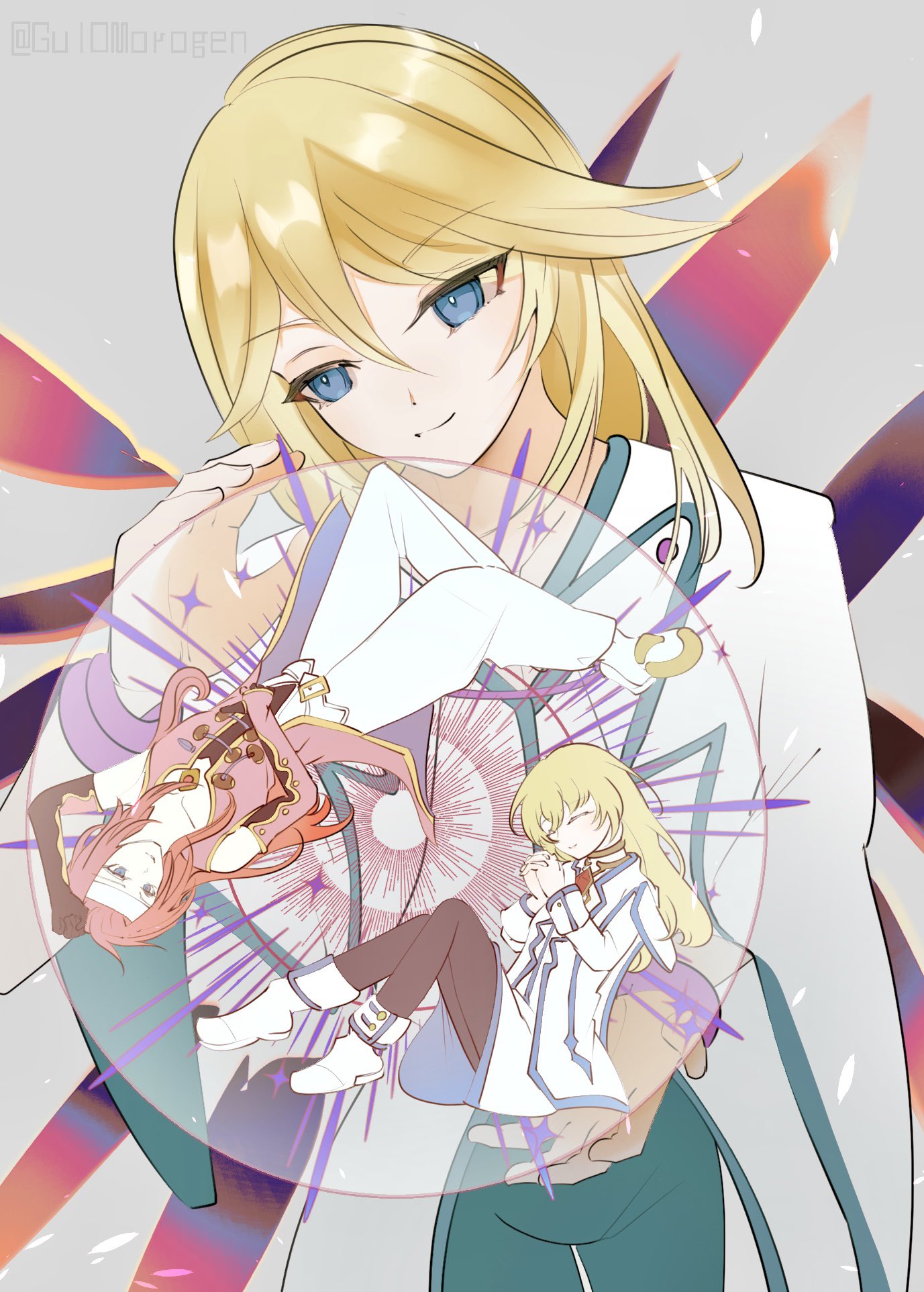 gu10morogen, colette brunel, mithos yggdrasill, zelos wilder, tales of (series), tales of symphonia, highres, ankle boots, black leggings, black shirt, blonde hair, blue eyes, blue leggings, blue trim, boots, closed eyes, detached wings, double-parted bangs, dress, elbow gloves, gloves, gold choker, gold trim, headband, jacket, leggings, long hair, pants, pink gloves, pink jacket, red hair, shirt, sleeveless, sleeveless shirt, swept bangs, v-neck, white boots, white dress, white headband, white jacket, white pants, wings