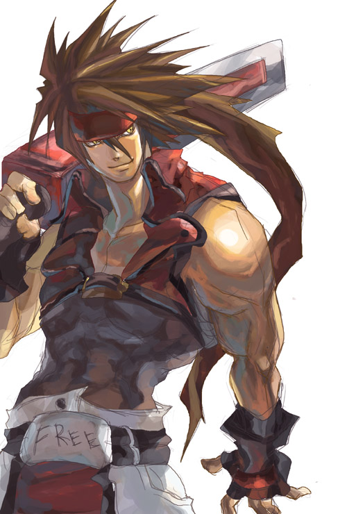 shihira tatsuya, sol badguy, arc system works, guilty gear, looking away, 1boy, abs, brown hair, english text, gauntlets, headband, male focus, muscular, simple background, smirk, solo, sword, weapon, yellow eyes