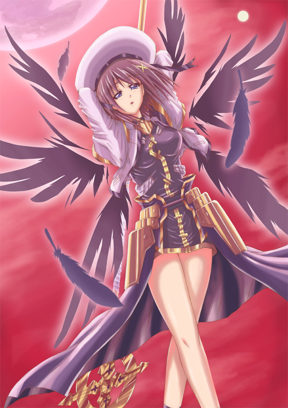 schwertkreuz, yagami hayate, lyrical nanoha, mahou shoujo lyrical nanoha, mahou shoujo lyrical nanoha strikers, non-web source, 00s, 1girl, bare legs, black dress, brown eyes, brown hair, dress, dutch angle, expressionless, female focus, hair ornament, looking at viewer, multiple wings, solo, staff, standing, wings, x hair ornament