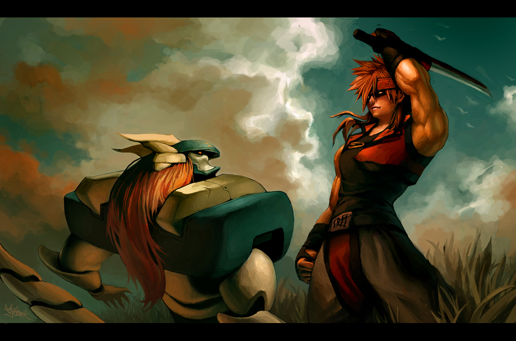 justice (guilty gear), sol badguy, arc system works, guilty gear, 1boy, armpits, battle, blonde hair, couple, expressionless, from side, holding, holding sword, holding weapon, husband and wife, letterboxed, lying, monster, muscular, on back, outdoors, peril, shaded face, slashing, sword, weapon
