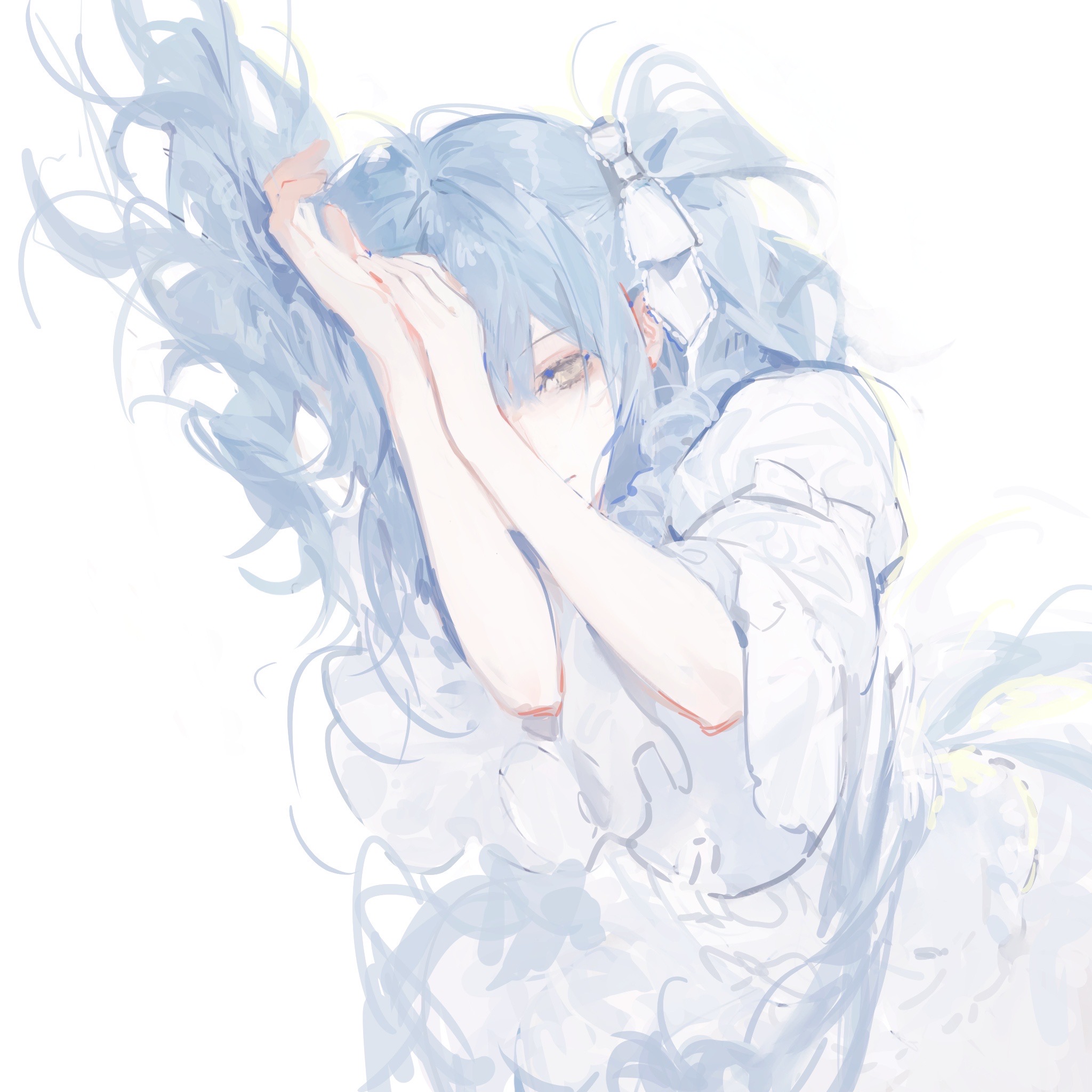 yeban bai, togawa sakiko, bang dream!, bang dream! it's mygo!!!!!, chinese commentary, commentary request, highres, 1girl, blue hair, closed mouth, dress, hair between eyes, hair ribbon, hair spread out, hands up, long hair, looking at viewer, lying, official alternate costume, on side, ribbon, sidelocks, sideways, simple background, solo, two side up, upper body, white background, white dress, yellow eyes