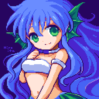 hiroita, serilly (puyopuyo), madou monogatari, puyopuyo, commentary request, lowres, 1girl, armlet, bare shoulders, blue hair, choker, green eyes, jewelry, long hair, looking at viewer, mermaid, midriff, mole, mole under eye, monster girl, navel, pixel art, signature, simple background, smile, solo, very long hair