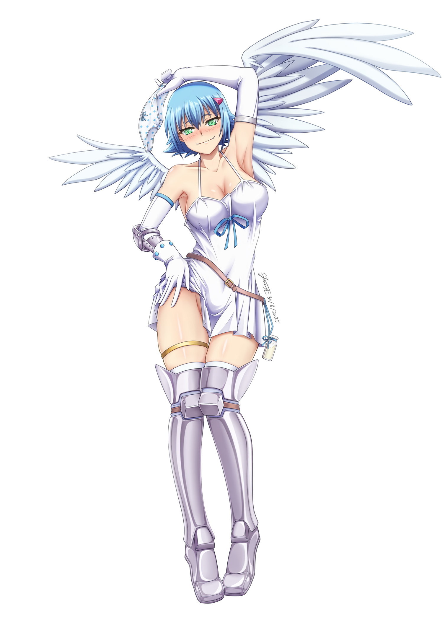 kkkowy0913, angel of light nanael, nanael (queen's blade), queen's blade, highres, variant set, 1girl, angel, angel wings, arm up, armor, armpits, asymmetrical wings, bare shoulders, bikini armor, blue hair, blush, boots, breasts, cleavage, dress, elbow gloves, feathered wings, gloves, greaves, green eyes, holding, holding panties, holding underwear, holding unworn clothes, medium breasts, milk, no panties, panties, polka dot, polka dot panties, shiny skin, short hair, simple background, solo, standing, thighhighs, thighs, underwear, unworn panties, white background, white dress, wings
