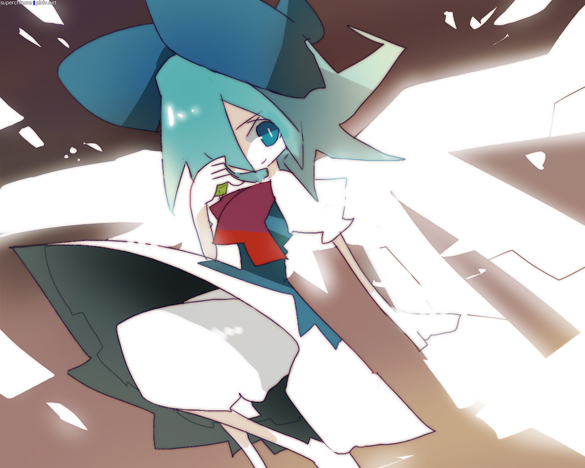 inuhito, cirno, embodiment of scarlet devil, touhou, bad id, bad pixiv id, >:), 1girl, animal ears, bloomers, blue bow, blue eyes, blue hair, bow, bowtie, bright pupils, brown background, closed mouth, dress, female focus, glowing, glowing wings, gradient background, hair bow, hair over one eye, long hair, looking at viewer, matching hair/eyes, puffy short sleeves, puffy sleeves, red bow, red bowtie, shaded face, short sleeves, slit pupils, smile, solo, underwear, upper body, v-shaped eyebrows, white dress, white wings, wings, wolf ears