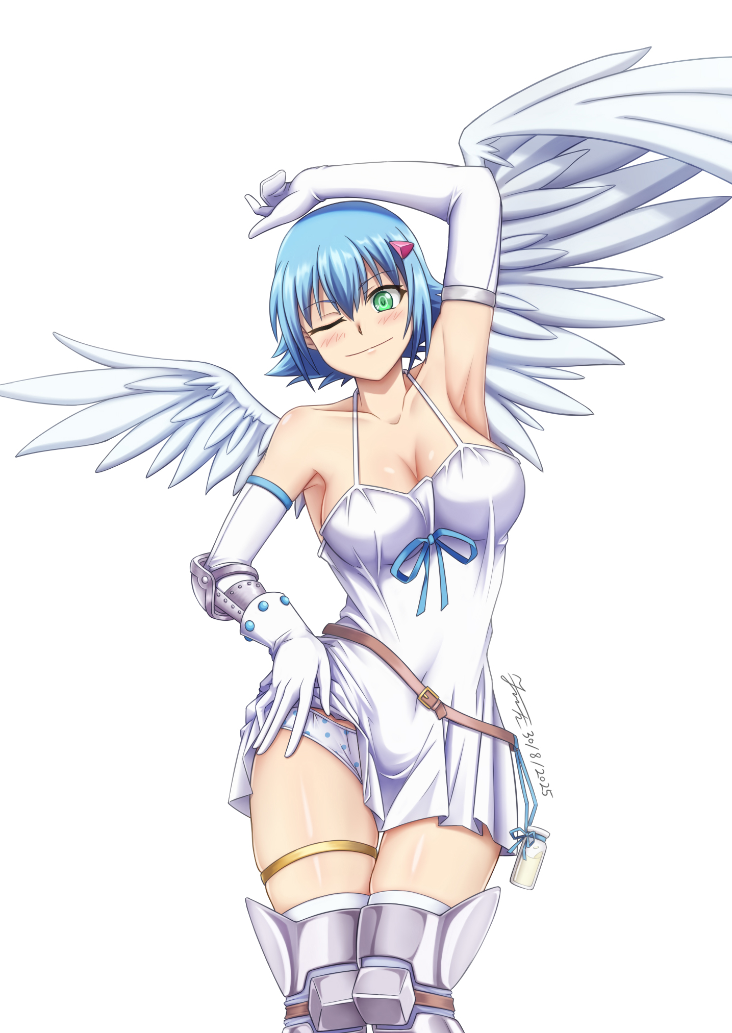 kkkowy0913, angel of light nanael, nanael (queen's blade), queen's blade, highres, variant set, 1girl, angel, angel wings, arm up, armor, armpits, asymmetrical wings, bare shoulders, bikini armor, blue hair, blush, boots, breasts, cleavage, dress, elbow gloves, feathered wings, gloves, greaves, green eyes, medium breasts, milk, panties, polka dot, polka dot panties, shiny skin, short hair, simple background, solo, standing, thighhighs, thighs, underwear, white background, white dress, wings