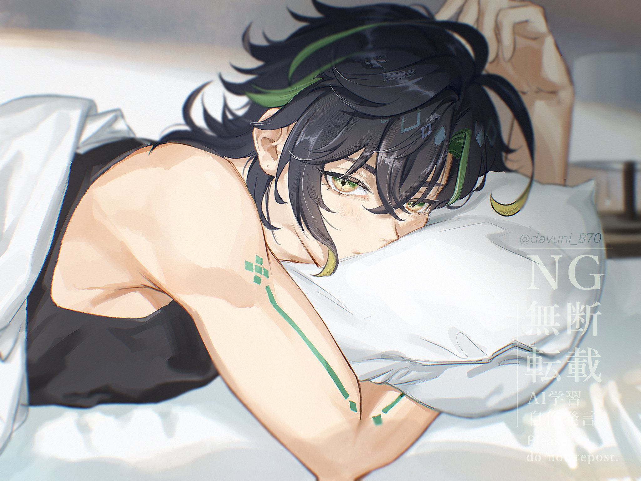 kinich (genshin impact), genshin impact, highres, 1boy, bare shoulders, black hair, black tank top, davuni 870, hand under pillow, looking at viewer, lying, male focus, multicolored eyes, on stomach, pillow, solo, tank top, tattoo, under covers, upper body