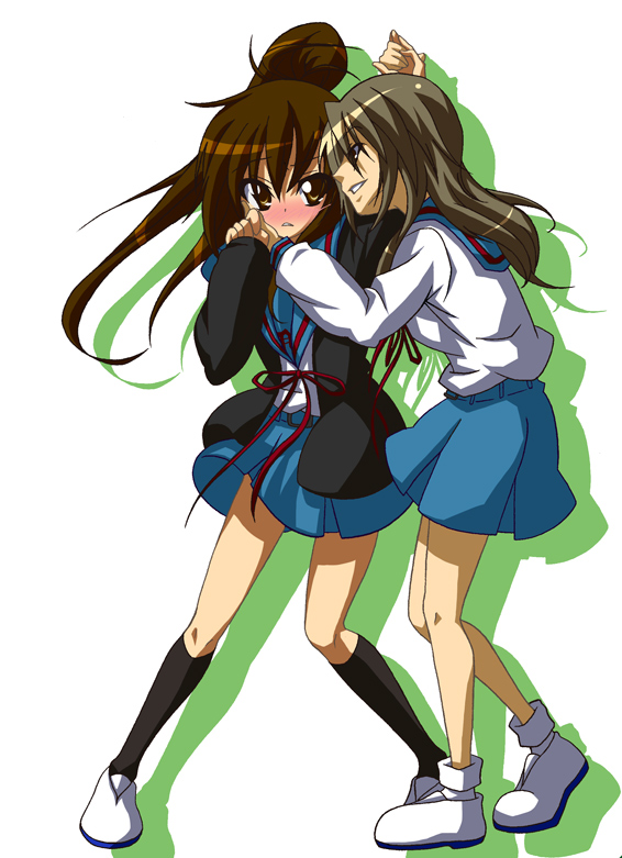 madare-rin, madare rin, koizumi itsuki, koizumi itsuki (female), kyon, kyonko, suzumiya haruhi no yuuutsu, 00s, 2girls, blush, genderswap, genderswap (mtf), kneehighs, long sleeves, multiple girls, ponytail, school uniform, serafuku, socks, yuri