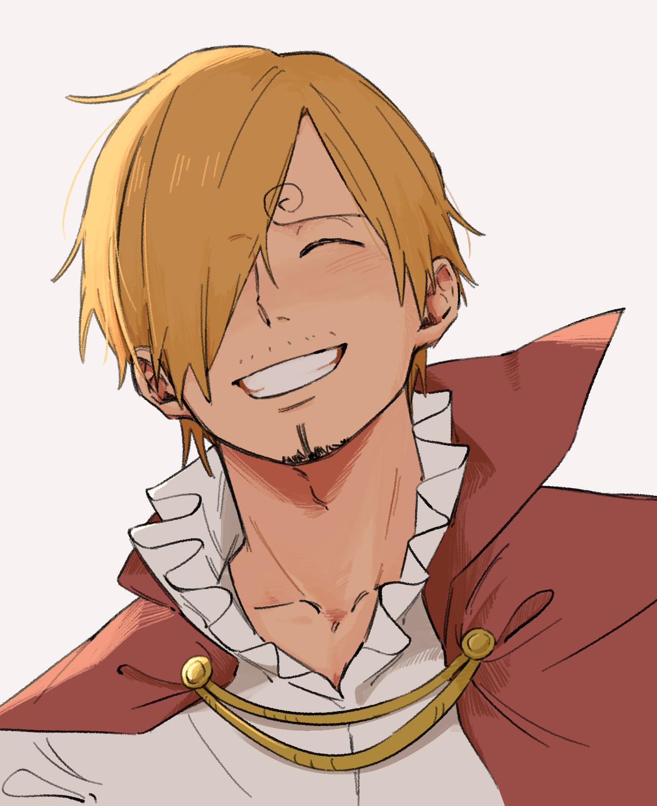 iqracha, sanji (one piece), one piece, highres, 1boy, blonde hair, blush, cape, collarbone, curly eyebrows, facial hair, goatee, grin, hair over one eye, male focus, mustache stubble, poet shirt, red cape, shirt, short hair, simple background, smile, solo, stubble, white background, white shirt