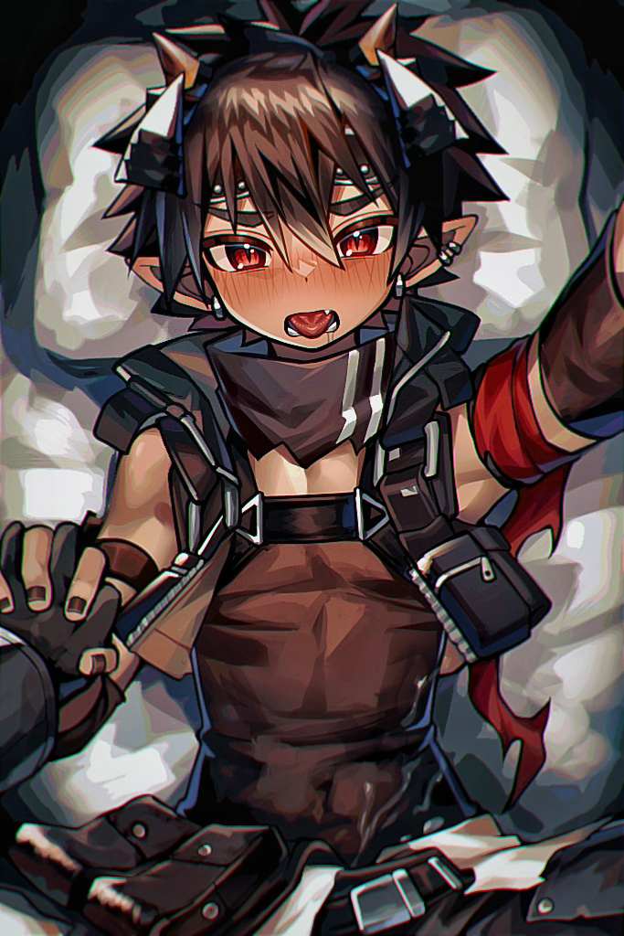 kakosa sama, odda (arknights), arknights, 1boy, armband, black hair, black tank top, blush, bodysuit, demon boy, demon horns, horns, male focus, muscular, muscular male, pointy ears, red armband, red eyes, shirt, sleeveless, sleeveless shirt, tank top, tongue, tongue out