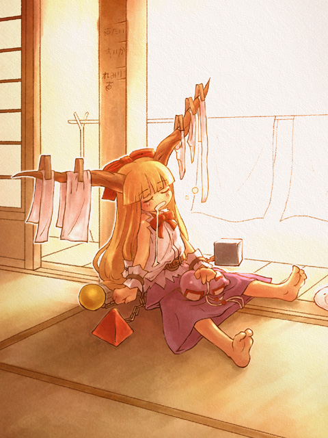sankuma, ibuki suika, touhou, 1girl, barefoot, blouse, drooling, female focus, gourd, horns, indoors, laundry, mundane utility, orange hair, saliva, shirt, sleeping, sleeveless, sleeveless shirt, slice of life, solo, white shirt