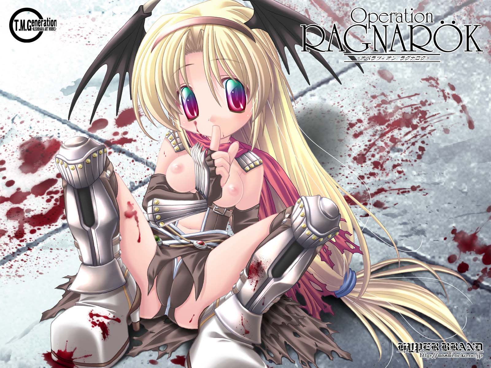 ishihara masumi, assassin cross (ragnarok online), ragnarok online, highres, 1girl, blonde hair, blood, breasts, female focus, heterochromia, multicolored eyes, nude, small breasts, solo