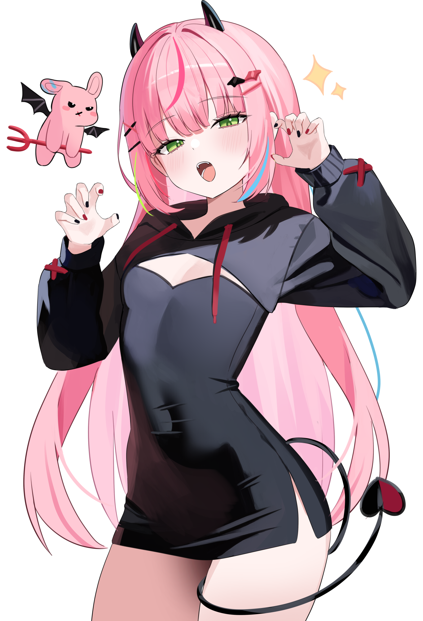 nannung, hanako nana, stellive, commentary request, highres, korean commentary, 1girl, black dress, black hoodie, breasts, claw pose, covered navel, cowboy shot, demon horns, demon tail, drawstring, dress, fangs, green eyes, hands up, hood, hood down, hoodie, horns, long hair, long sleeves, looking at viewer, multicolored hair, nail polish, open mouth, pink hair, short dress, side slit, simple background, small breasts, solo, sparkle, strapless, strapless dress, streaked hair, tail, tail around own leg, very long hair, virtual youtuber, white background