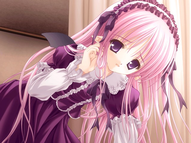 tinker bell (pixiv 10956015), sasha (magical tale), cafe little wish, magical tale, game cg, 1girl, adjusting hair, female focus, goth fashion, gothic lolita, hairband, lolita fashion, long hair, pink hair, pointy ears, purple eyes, ribbon, solo, wings