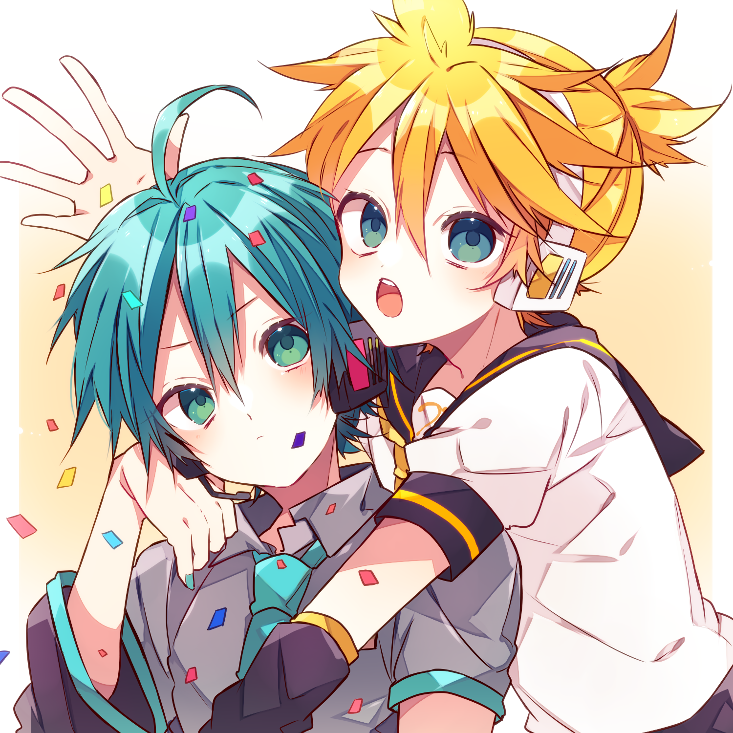 kaho 0102, hatsune mikuo, kagamine len, vocaloid, commentary request, highres, 2boys, :o, arm warmers, bass clef, black sailor collar, blonde hair, blue eyes, blue hair, blue necktie, closed mouth, collared shirt, confetti, double-parted bangs, grey shirt, hair between eyes, headset, looking at viewer, male focus, multiple boys, necktie, open mouth, sailor collar, shirt, short hair, short sleeves, upper body, white shirt, yellow background, yellow necktie