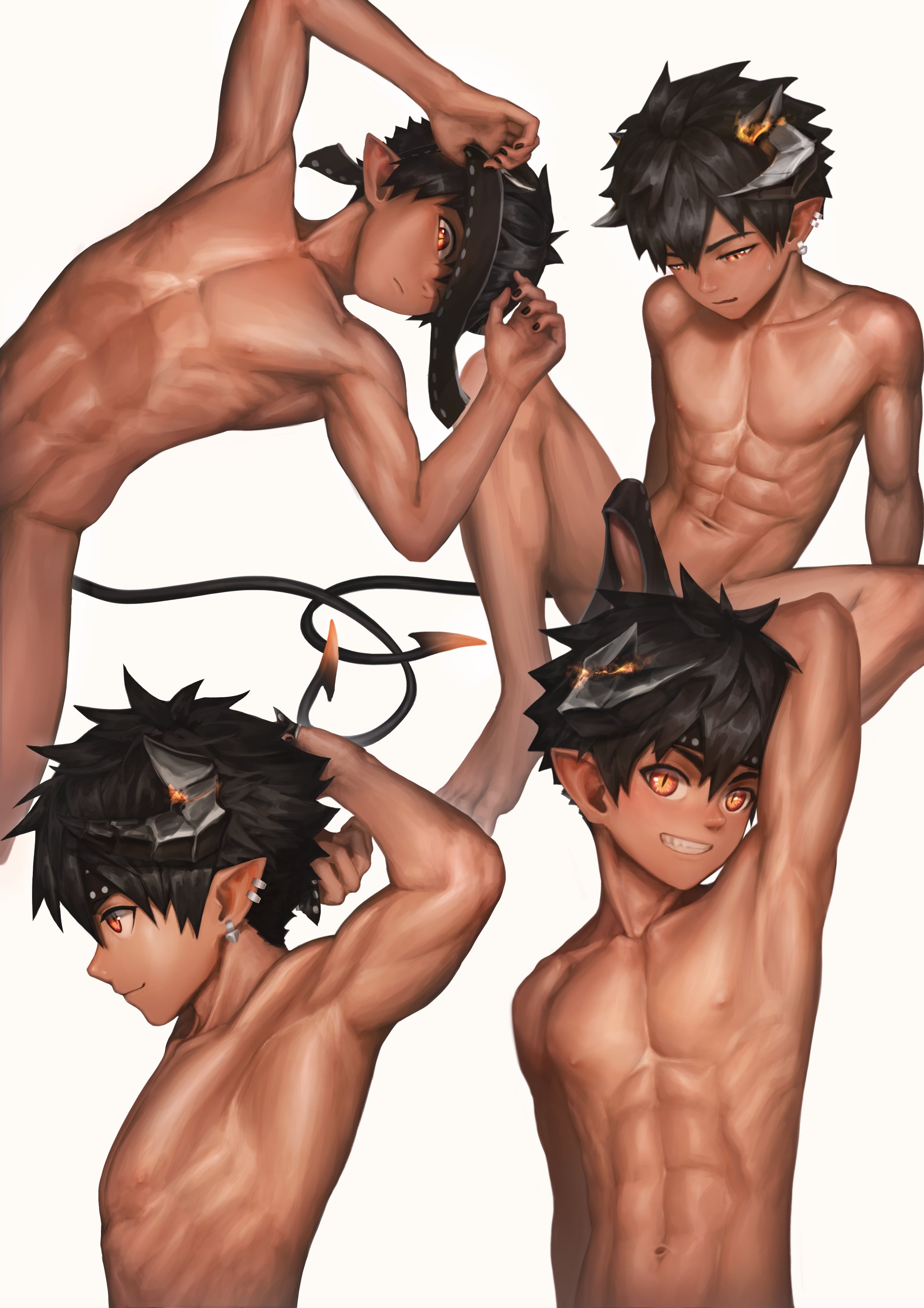 rinmirin, odda (arknights), arknights, absurdres, highres, 1boy, arm behind head, bulge, demon boy, demon horns, demon tail, erection, erection under clothes, horns, male focus, muscular, muscular male, nude, penis, pointy ears, smile, tail, toned, toned male