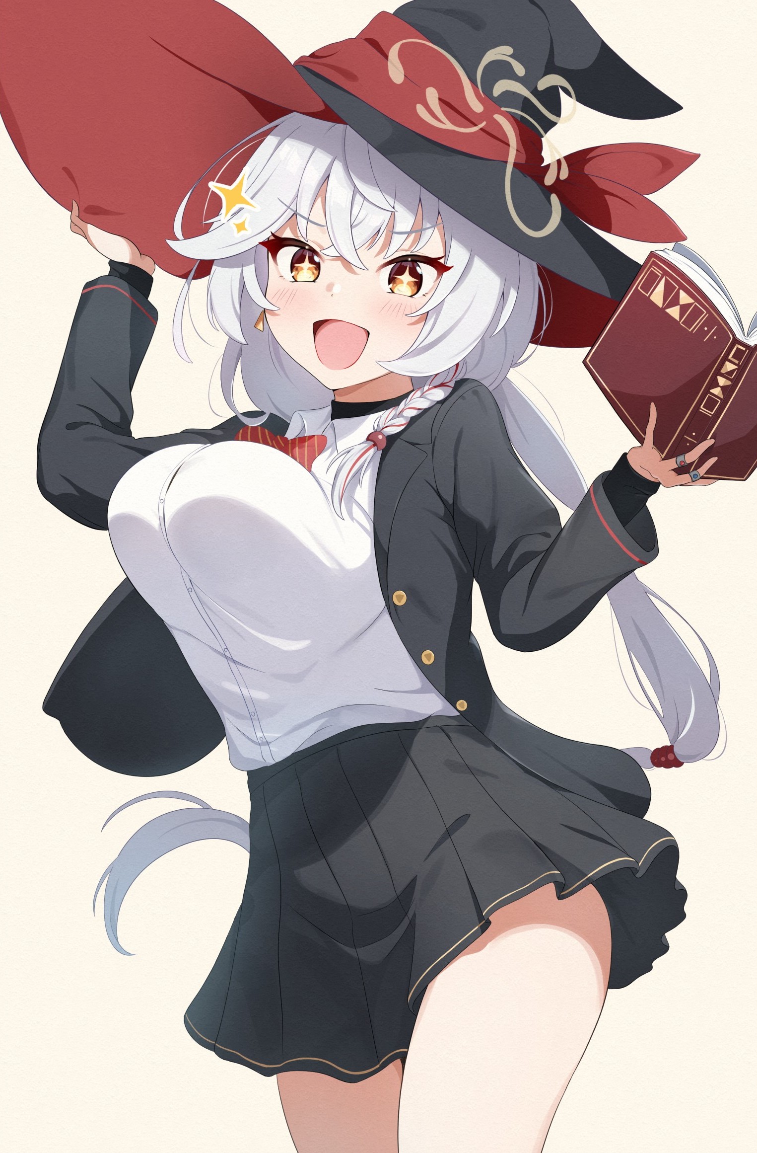 itaba atsushi, eri (blue archive), blue archive, commentary request, highres, 1girl, :d, black hat, black jacket, black skirt, book, braid, hat, holding, holding book, jacket, jewelry, long hair, looking at viewer, multiple rings, open mouth, pleated skirt, ring, simple background, single braid, skirt, smile, solo, white hair, witch hat, yellow background