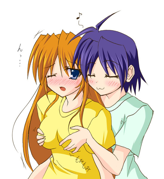 subaru nakajima, teana lanster, lyrical nanoha, mahou shoujo lyrical nanoha, mahou shoujo lyrical nanoha strikers, non-web source, 00s, 2girls, :3, blush, breasts, closed eyes, grabbing another's breast, groping, multiple girls, one eye closed, wink, yuri