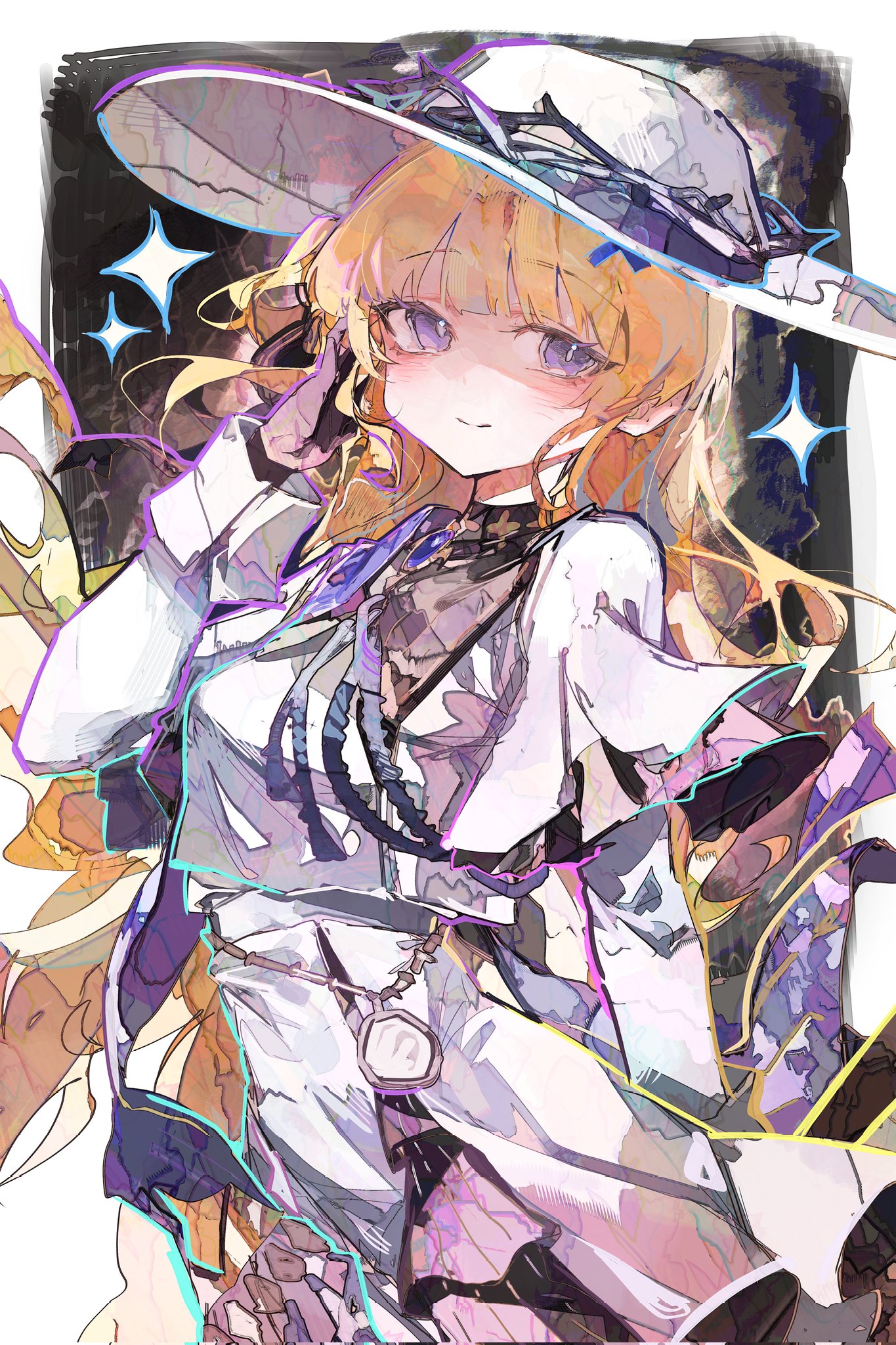 cocoballking, phoebe (wuthering waves), wuthering waves, commentary request, corrupted twitter file, highres, 1girl, black bow, black collar, black gloves, blonde hair, blue sash, bow, breasts, closed mouth, collar, gloves, hair bow, hat, high-waist skirt, long sleeves, looking at viewer, medium breasts, purple eyes, sash, shirt, skirt, smile, solo, striped bow, white hat, white shirt, white skirt