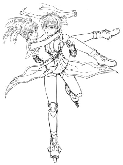 mach caliber, revolver knuckle, subaru nakajima, teana lanster, lyrical nanoha, mahou shoujo lyrical nanoha, mahou shoujo lyrical nanoha strikers, non-web source, 00s, 2girls, carrying, greyscale, inline skates, monochrome, multiple girls, princess carry, roller skates, skates