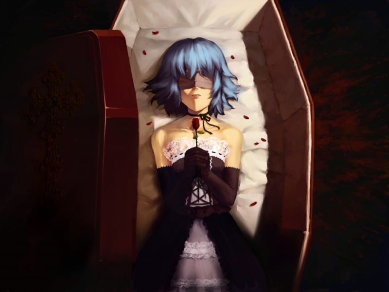 s.advent, remilia scarlet, touhou, light, bad id, bad pixiv id, 1girl, bare shoulders, black dress, black gloves, blindfold, blue hair, choker, coffin, collarbone, dress, elbow gloves, female focus, flower, gloves, gothic lolita, lace, lace-trimmed dress, lace trim, lips, lolita fashion, lying, on back, own hands clasped, own hands together, petals, ribbon choker, rose, rose petals, shadow, short hair, sleeping, solo, strapless, strapless dress, vampire, white dress